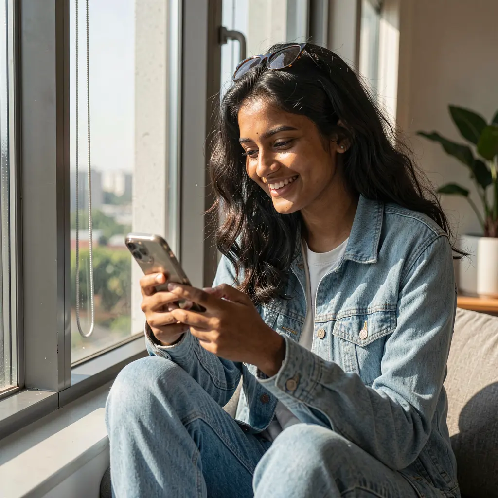 995BDT App – Enjoy a smooth and user friendly mobile casino experience in Bangladesh Smiling Bangladeshi woman relaxing by a window while browsing casino games on the 995BDT mobile app