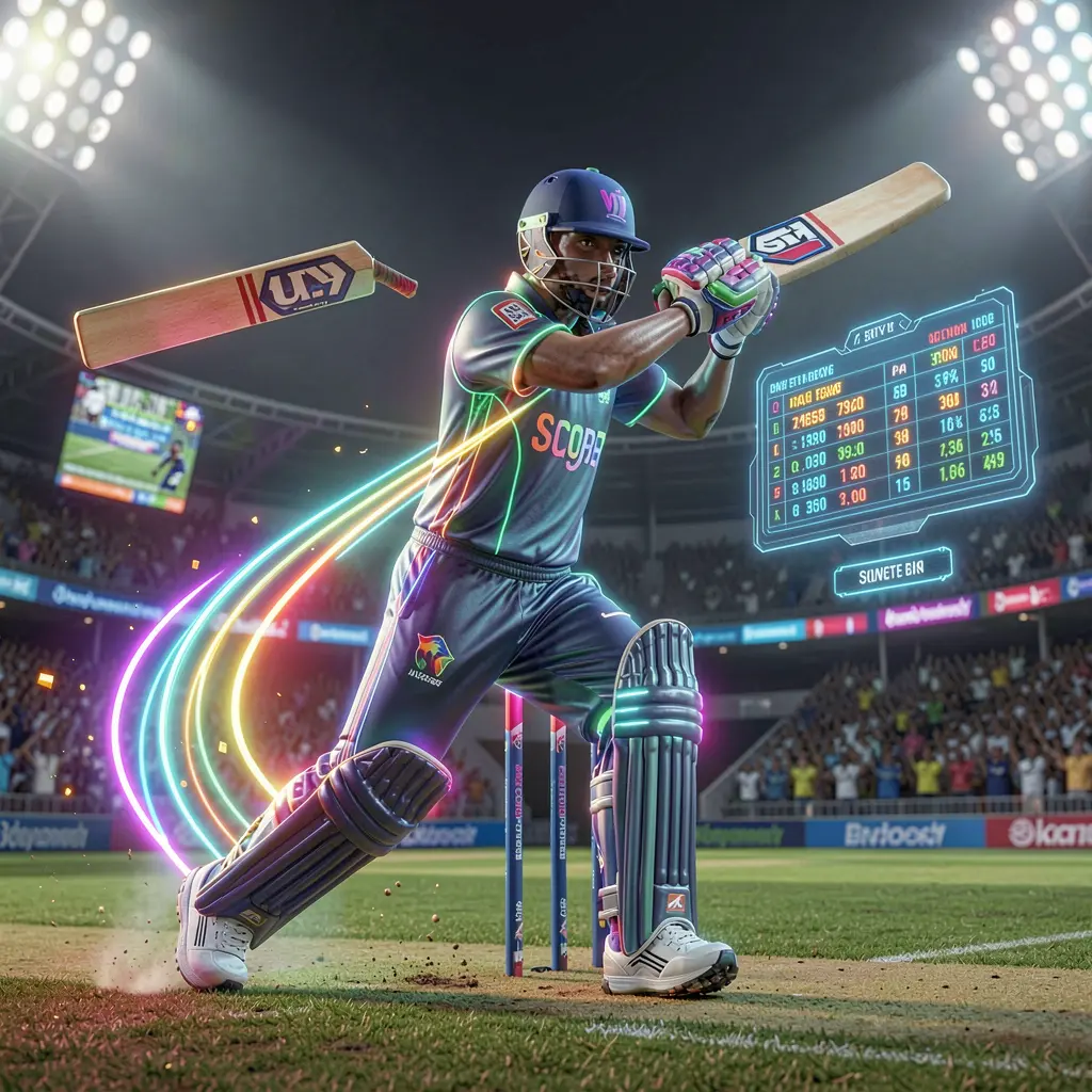 995BDT Bet – Experience immersive cricket betting like never before Futuristic cricket player with glowing equipment and dynamic motion effects inside a high tech stadium showcasing immersive sports betting on 995BDT in Bangladesh